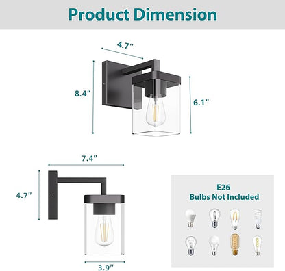 Set of 2 Wall Sconce, Square Design Morden Bathroom Lighting Fixtures with Clear Glass Shade, Matte Black Wall Lights for Living Room/Bedroom/Hallway/Porch