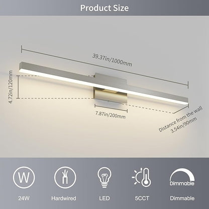 Joossnwell Brushed Nickel Bathroom Vanity Light Bar 5CCT Dimmable Bathroom Light Fixtures Over Mirror Modern LED Vanity Lighting Bath Light ETL Certificated 39.37 inch