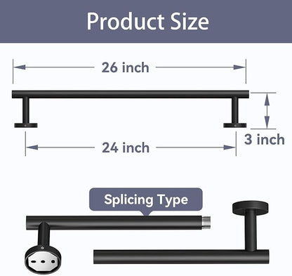 2 Pack Matte Black Towel Bar, 24 Inch Bathroom Towel Rack | Towel Holder Wall Mounted, Thicken SUS304 Stainless Steel Towel Rod Modern Home Decor (Total Length 26-Inch)