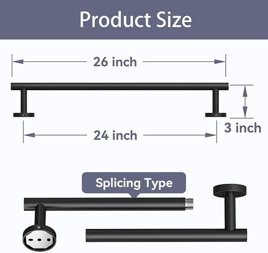 Matte Black Towel Bar, 24 Inch Bathroom Towel Rack | (Total Length 26-Inch), Towel Holder Wall Mounted, Thicken SUS304 Stainless Steel Towel Rod Modern Home Decor