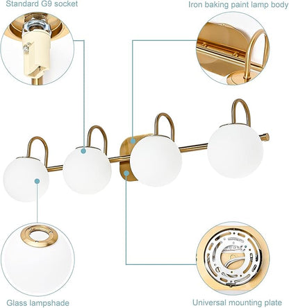 New Bathroom Vanity Light Fixtures 4-Lights Brushed Brass Frame and Milk White Glass Globe Shade Modern Wall Sconce Lighting Bath Vanity Lights Bar Over Mirror (Exclude G9 Bulb)