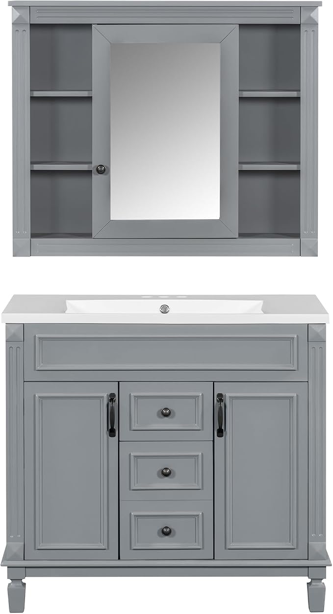 36" Bathroom Vanity with Top Sink, Mirror Cabinet, Modern Bathroom Storage Cabinet with 2 Soft Closing Doors and 2 Drawers, Single Sink Bathroom Vanity
