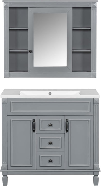 36" Bathroom Vanity with Top Sink, Mirror Cabinet, Modern Bathroom Storage Cabinet with 2 Soft Closing Doors and 2 Drawers, Single Sink Bathroom Vanity