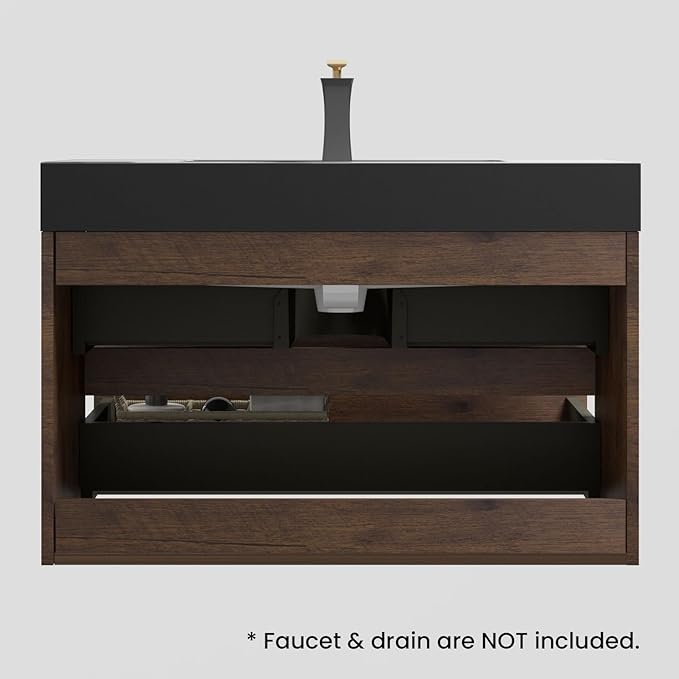 36" Floating Bathroom Vanity with Black Sink, Modern Bathroom Cabinet with Top and Soft Close Drawers, Spacious Storage for Small Space, Walnut - Lavanda Collection