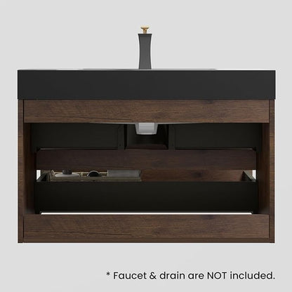 36" Floating Bathroom Vanity with Black Sink, Modern Bathroom Cabinet with Top and Soft Close Drawers, Spacious Storage for Small Space, Walnut - Lavanda Collection