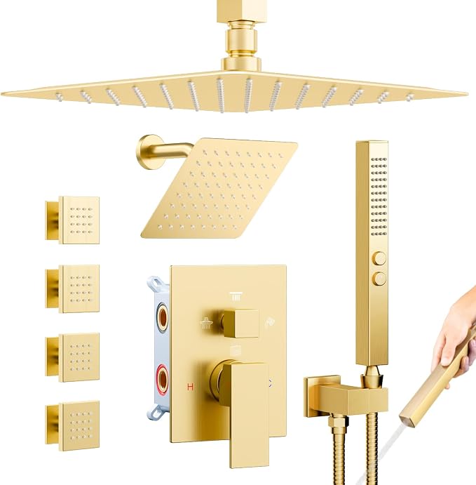 Shower System with Body Jets, Bostingner 4 Way Shower Faucet with 2 in1 Handheld,Ceiling Mount 10 Inch Shower Head and 6 Inch Shower Head,4Pcs Body Jets With Dual Head Shower Set Brushed Gold
