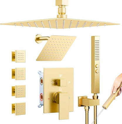 Shower System with Body Jets, Bostingner 4 Way Shower Faucet with 2 in1 Handheld,Ceiling Mount 10 Inch Shower Head and 6 Inch Shower Head,4Pcs Body Jets With Dual Head Shower Set Brushed Gold