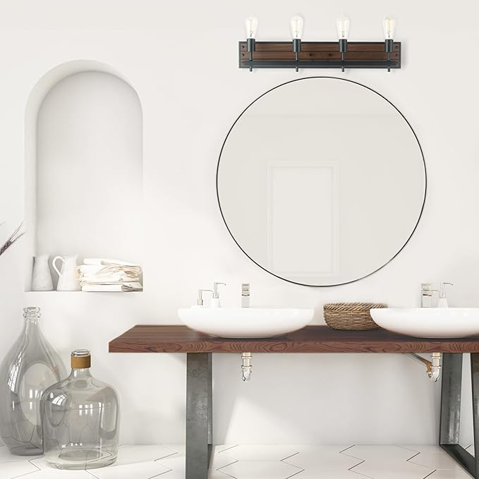 Globe Electric 52058 4-Light Vanity Light with Faux Wood Finish and Matte Black Accents, Ideal for Bathroom, Living Room, and for Makeup Over Mirror Lighting
