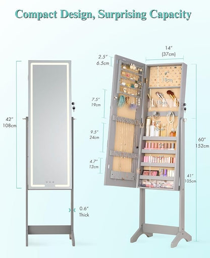 LUXFURNI Standing Jewelry Armoire Cabinet with Full‑Length Mirror Storage | 3‑Color LED Lights, 3 Brush Holders, 3 Adjustable Tilt Angles, True‑to‑View Glass, USB‑Powered Supply, Lockable Design