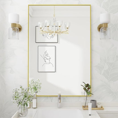 Koonmi Gold Rectangle Wall Mirror, 24x32 Inch Bathroom Mirror, Aluminum Frame Vanity Mirror for Entryway, Living Room, Bedroom Bathroom, Hangs Horizontally or Vertically