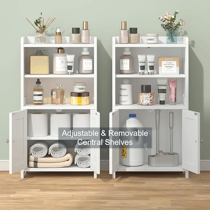 Small Bathroom Storage Cabinet, 30" Tall Freestanding Corner Floor Cabinet with Opposite Doors & 5 Shelves (2 Adjustable), Narrow Toilet Paper Holder Organizer for Small Spaces, White