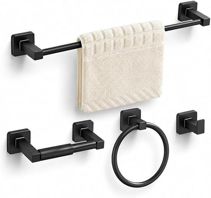 Matte Black Bathroom Hardware Set 4 Pieces,Towel Bar Set Stainless Steel Wall Mounted, Includes 16In Hand Towel Bar, Towel Ring, Robe Towel Hooks,Toilet Paper Holder, Bathroom Towel Rack Set