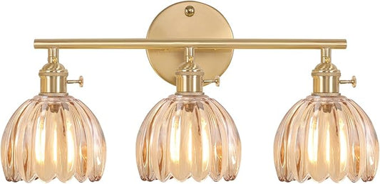 Bathroom Light Fixtures, 3-Light Brass Vanity wall Light Over Mirror with Amber Tulip Glass Shade for Bedroom Living Room (Bulb Not Included)