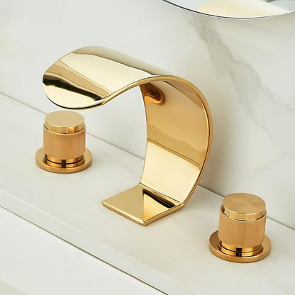 Bathroom Basin Mixer Faucet 3 Hole Waterfall 3 Hole Basin Faucets Brass-Gold