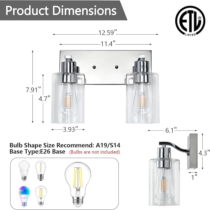 2 Lights Bathroom Light Fixtures Chrome Vanity Light with Clear Glass Shade 13in Modern Bathroom Lighting Fixtures Over Mirror for Bedroom/Living Room