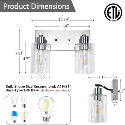 2 Lights Bathroom Light Fixtures Chrome Vanity Light with Clear Glass Shade 13in Modern Bathroom Lighting Fixtures Over Mirror for Bedroom/Living Room