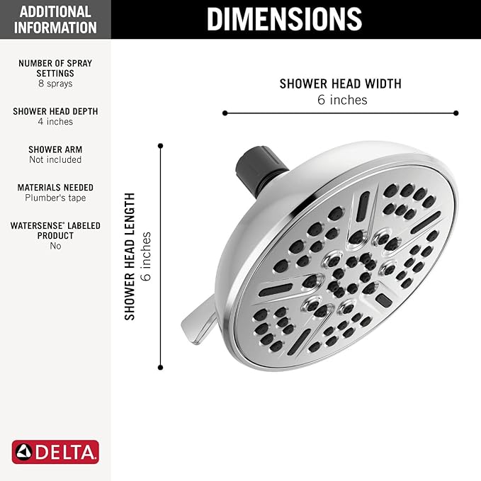Delta Faucet 8-Spray Touch-Clean Chrome Shower Head, Delta Shower Heads, Showerhead, Shower Head Chrome, 2.5 GPM Water Flow, Chrome 75898