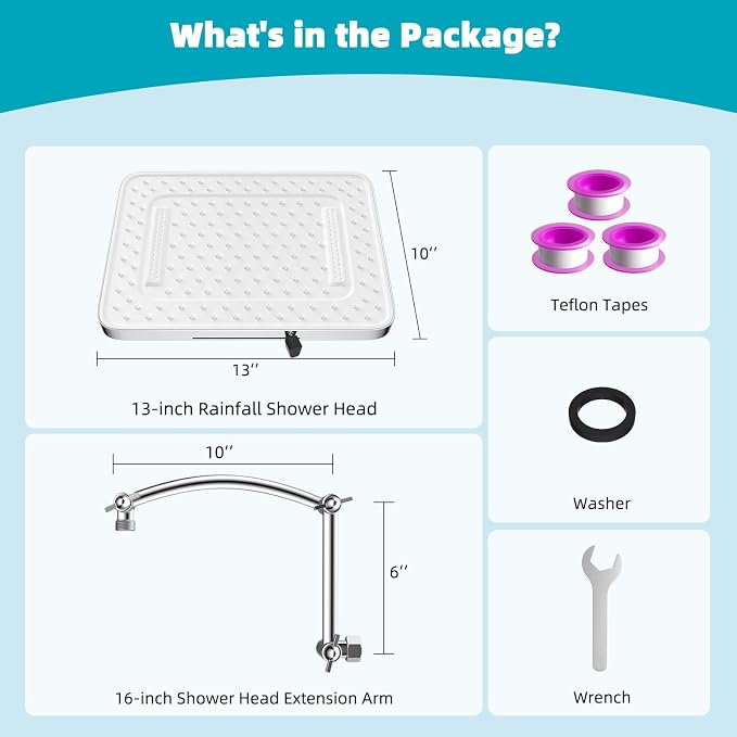 Hibbent Rain Shower Head, 13'' High Pressure Rainfall Square 5 Spray Mode Showerhead with 16" Shower Head Extension Arm, Solid Brass Adjustable Shower Arm Extender, Waterfall fixed Showerheads, Silver