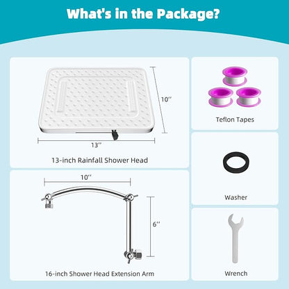 Hibbent Rain Shower Head, 13'' High Pressure Rainfall Square 5 Spray Mode Showerhead with 16" Shower Head Extension Arm, Solid Brass Adjustable Shower Arm Extender, Waterfall fixed Showerheads, Silver