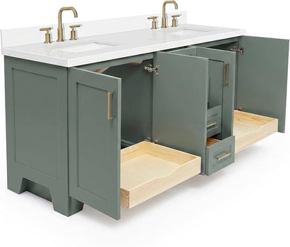 ARIEL Taylor 72-inch Bathroom Vanity with Sink,Solid Wood, 1.5-inch Pure White Quartz Countertop, Double Rectangular Porcelain Sink, Soft Closing Doors, Dovetail Drawers, Vintage Green