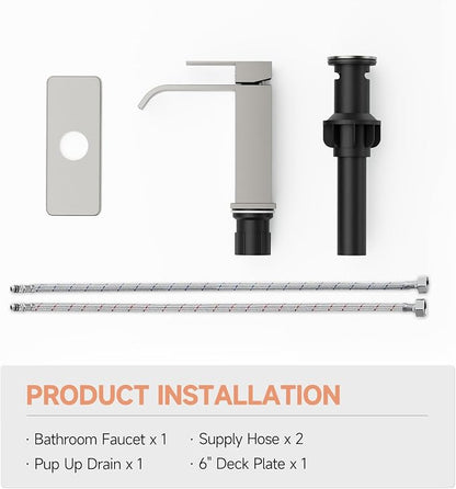 Brushed Nickel Bathroom Faucets Evolvegoods Modern Waterfall Faucet | Single Handle 1 or 3 Hole Bathroom Sink Faucet RV Mixer Tap Vanity Faucet with Deck Plate Pop-up Drain and Supply Lines