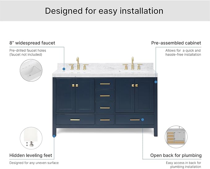 ARIEL Cambridge 60-inch Bathroom Vanity with Sink,Solid Wood, 2-inch Italian Carrara Marble Countertop, Double Rectangular Porcelain Sink, 4 Soft Closing Doors, 6 Dovetail Drawers, Midnight Blue