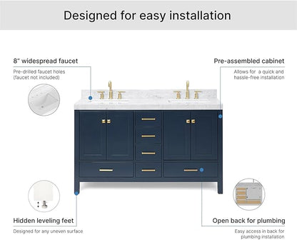 ARIEL Cambridge 60-inch Bathroom Vanity with Sink,Solid Wood, 2-inch Italian Carrara Marble Countertop, Double Rectangular Porcelain Sink, 4 Soft Closing Doors, 6 Dovetail Drawers, Midnight Blue
