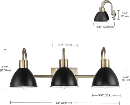 GLOBE Electric 63000058 5-Piece All-in-One Bathroom Accessory Set, Brass & Black, 3-Light Vanity Light, Towel Bar, Toilet Paper Holder, Towel Ring, Robe Hook, Bathroom Lights Over Mirror
