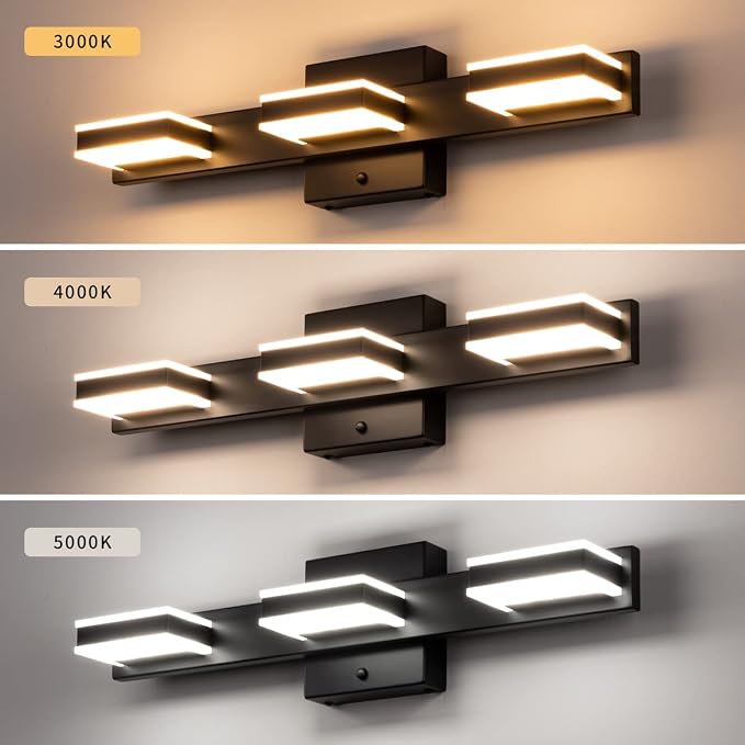 mirrea 20" 3 Light 3CCT LED Black Bathroom Vanity Light Fixture | Over Mirror,Bathroom Lighting,3000K/4000K/5000K ,Dimmable,Rust-resistant,Moisture-resistant,Acrylic shade,Wall Mount