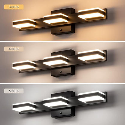 mirrea 20" 3 Light 3CCT LED Black Bathroom Vanity Light Fixture | Over Mirror,Bathroom Lighting,3000K/4000K/5000K ,Dimmable,Rust-resistant,Moisture-resistant,Acrylic shade,Wall Mount