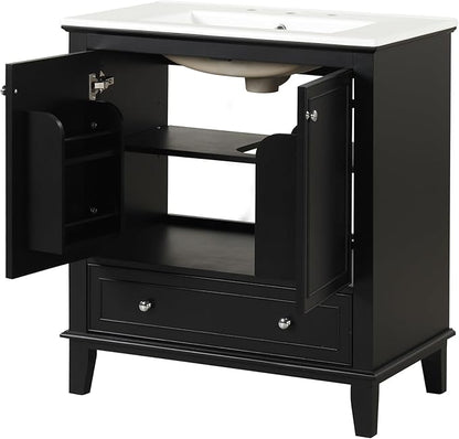 LUMISOL 30" Bathroom Vanity with Sink, Solid Wood Black Bathroom Vanity with Drawer and Storage Racks, Adjustable Shelf, Freestanding Bathroom Sink Cabinet with Ceramic Basin, Black