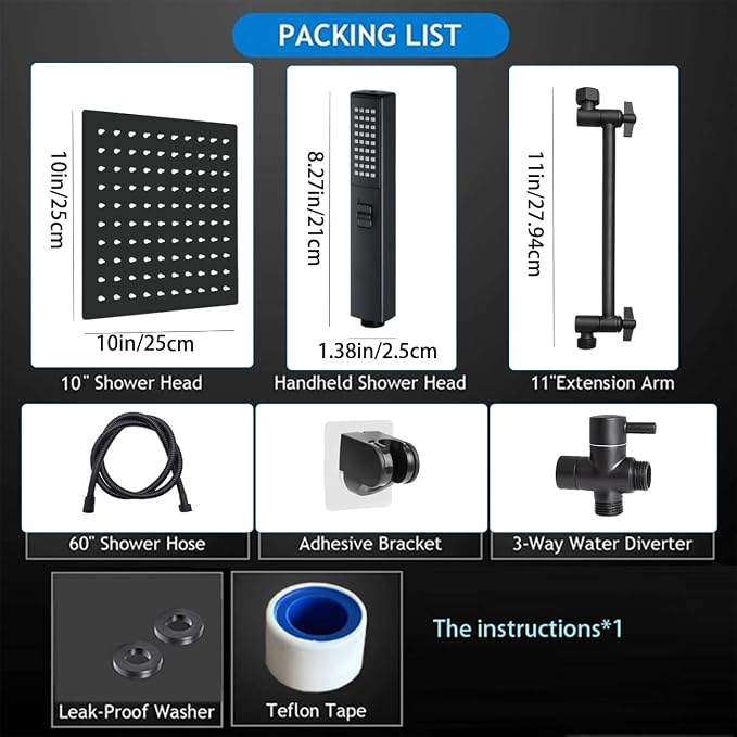 Rainfall Shower Head with Handheld Combo, Black, 10 Inch & 3 Spray Modes | 180° Adjustable with Extension Arm, Easy To Install