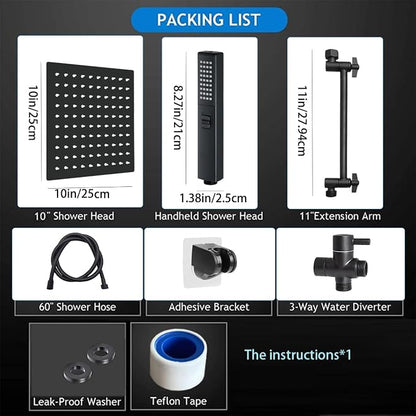 Rainfall Shower Head with Handheld Combo, Black, 10 Inch & 3 Spray Modes | 180° Adjustable with Extension Arm, Easy To Install