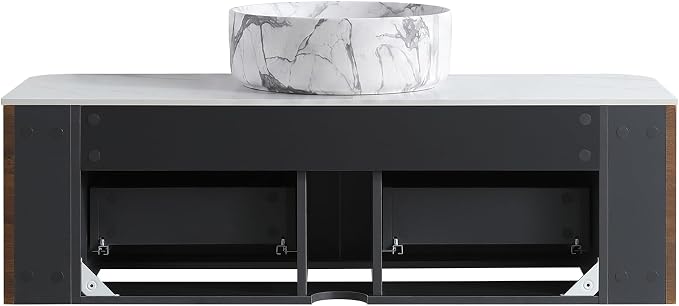 48" Floating Bathroom Vanity with Carrara Finish Sink, Walnut | Pre-Assembled Fluted Wall Mounted Vanity with Ceramic Vessel Sink, Rounded Edges, Soft-Close Drawer & Towel Rack
