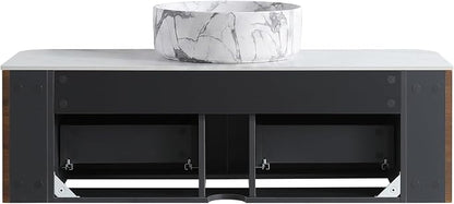 48" Floating Bathroom Vanity with Carrara Finish Sink, Walnut | Pre-Assembled Fluted Wall Mounted Vanity with Ceramic Vessel Sink, Rounded Edges, Soft-Close Drawer & Towel Rack