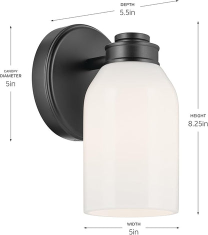 Kichler Shae 5" 1-Light Wall Sconce with White Opal Glass in Black, Modern, for Vanity, Fireplace, Buffet, Hallway, Vanity Mirror, (8.25" H x 5" W), 55200BK