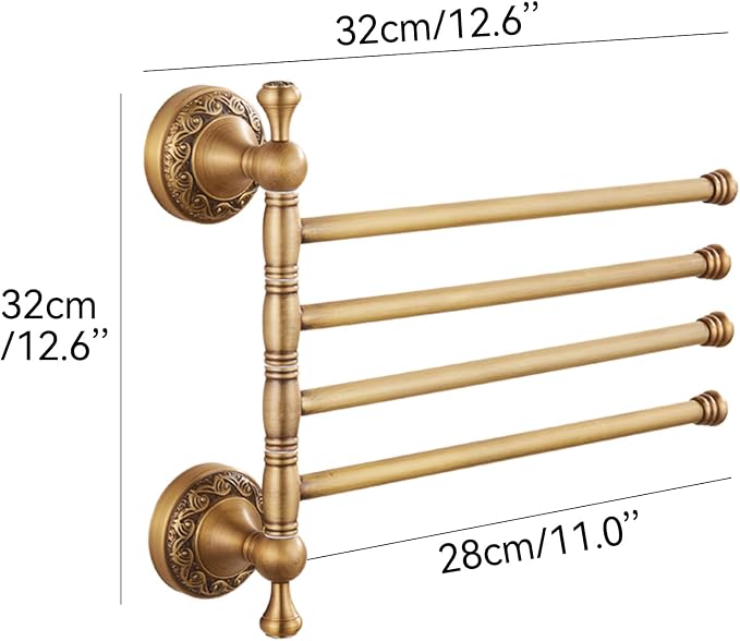 Swivel Towel Rack for Bathroom, Antique Bronze Folding 4 Arms Hand Towel Bars Towel Hanger for Laundry, Wall Mount Storage Space Saving,Pattern Carving Design