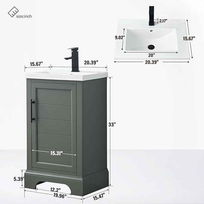 HOMEBEYOND 20 Inch Bathroom Vanity with Single Sink & Ceramic Top, Vanity Cabinet with Center Countertop Basin, Soft-Closing Doors, Vintage Green