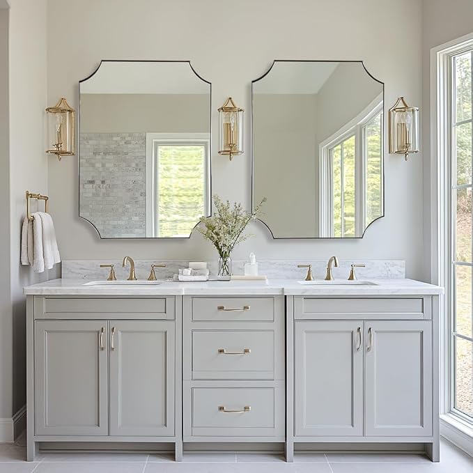 Brushed Nickel Mirror 24x32 Inch, Scalloped Bathroom Mirror, Silver Rectangle Mirror in Anti-Rust Stainless Steel Metal Thin Frame Deep 1", Horizontal/Vertical