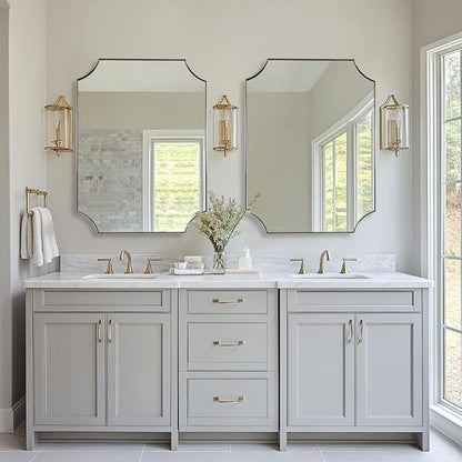 Brushed Nickel Mirror 24x32 Inch, Scalloped Bathroom Mirror, Silver Rectangle Mirror in Anti-Rust Stainless Steel Metal Thin Frame Deep 1", Horizontal/Vertical