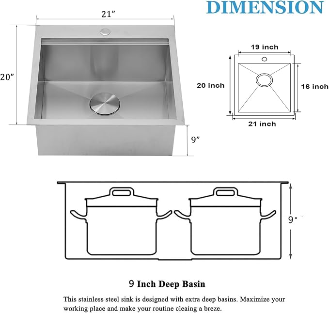 HOTIS 21 X 20 Inch Drop In Kitchen Sink, Handmade Stainless Steel Kitchen Sink, Large Residential Sinks with 1 Holes, Single Bowl Workstation with Dish Grid & Drain and Cutting Board