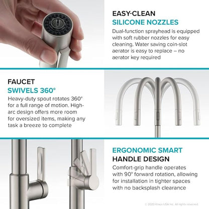 KRAUS Oletto High-Arc Tall Single Handle Pull-Down Kitchen Faucet in Spot Free Stainless Steel, Height 20 3/8 inch, KPF-2821SFS
