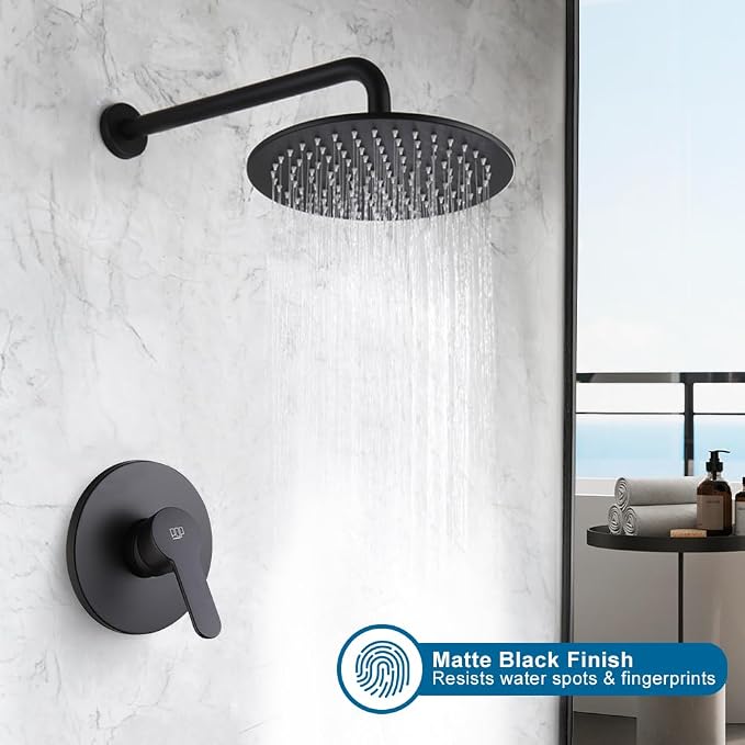 Matte Black Shower Faucet Set 10 Inch Round Rain Shower Head and Handle Set Bathroom Rainfall Shower System Wall Mounted Shower Fixture Single Function Shower Valve Trim Kit