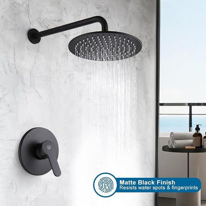 Matte Black Shower Faucet Set 10 Inch Round Rain Shower Head and Handle Set Bathroom Rainfall Shower System Wall Mounted Shower Fixture Single Function Shower Valve Trim Kit