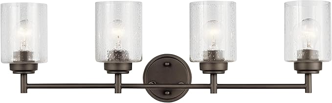 Kichler Winslow 4-Light Farmhouse Vanity Light, Olde Bronze | Clear seeded glass vanity light for bathroom mirrors (30" x 9.25" x 12"), 45887OZ