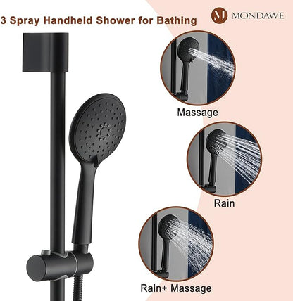 MONDAWE 9 Inch Wall Mounted Shower Faucet Set in Matte Black, Rainfall Shower Head with 3-Setting Handheld Spray Shower Set Combo, High Pressure Shower System with Solid Brass Valve
