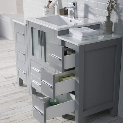 Blossom 48 Inch Bathroom Vanity with Sink - Metal Grey Solid Wood Cabinet with Tempered Glass & Side Storage Towers - Clearance Bathroom Vanity - Integrated Sink Countertop - Bathroom Sink Vanities
