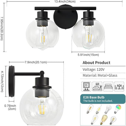Bathroom Light Fixtures Over Mirror 2-Lights Bathroom Vanity Light with Clear Glass Shade 13.8 inch Modern Wall Sconce Black Vanity Lighting for Bath