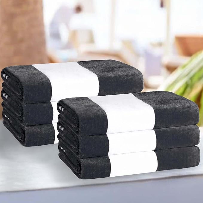 Superior Cotton Striped Beach Towels, Colorful Towels for Adult, Kid, Pool, Swimming, Sand, Travel, Large Oversized, Absorbent, Fast Drying, Bath Basics, Cabana Collection, Set of 6, Charcoal