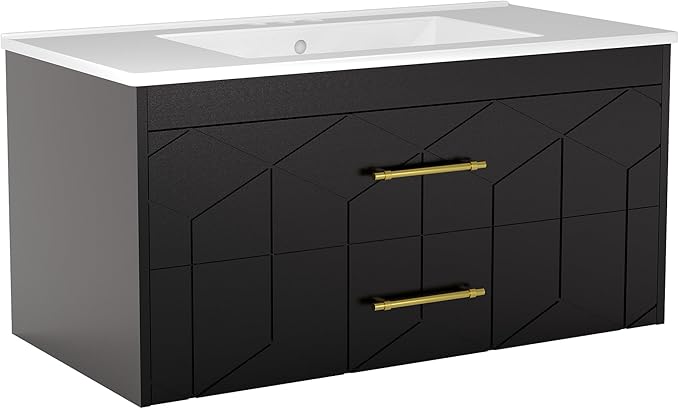 IDEALHOUSE Floating Bathroom Vanity with Sink 36 inch, Modern Bathroom Sink Cabinet, Ceramic Vanity Top, 2 Large Storage Drawers with Gold Metal Handle, Easy to Assembly, Black